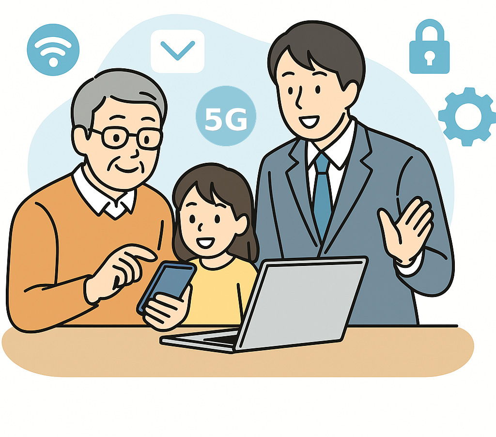 スマホ・パソコンの使い方を支援する様子のイラスト